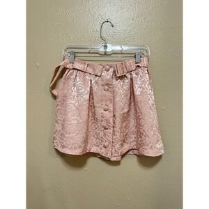 GB Girls Pink Jacquard Mini Skirt Belted Button Front Rose Pattern Size S‎ NWT